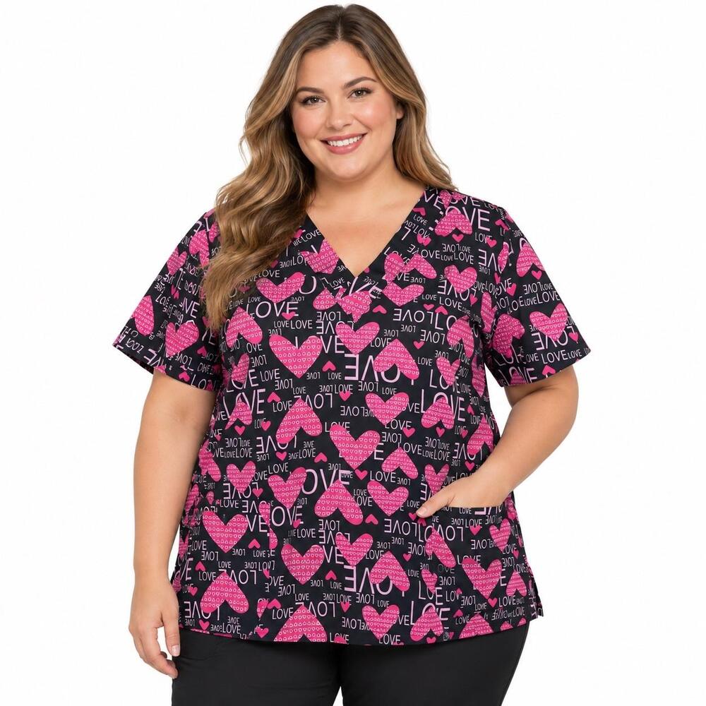 Scrub Studio Tunic Blouse Womens 2X Heart Love V Neck Short Sleeve Scrub Top